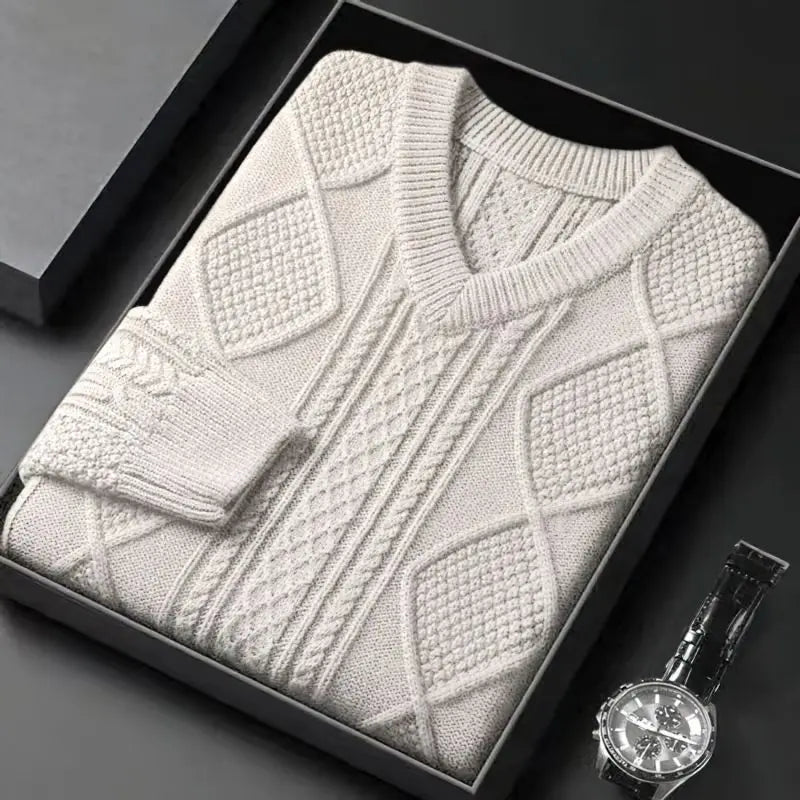Montclair Cable Knit V-Neck Wool Sweater