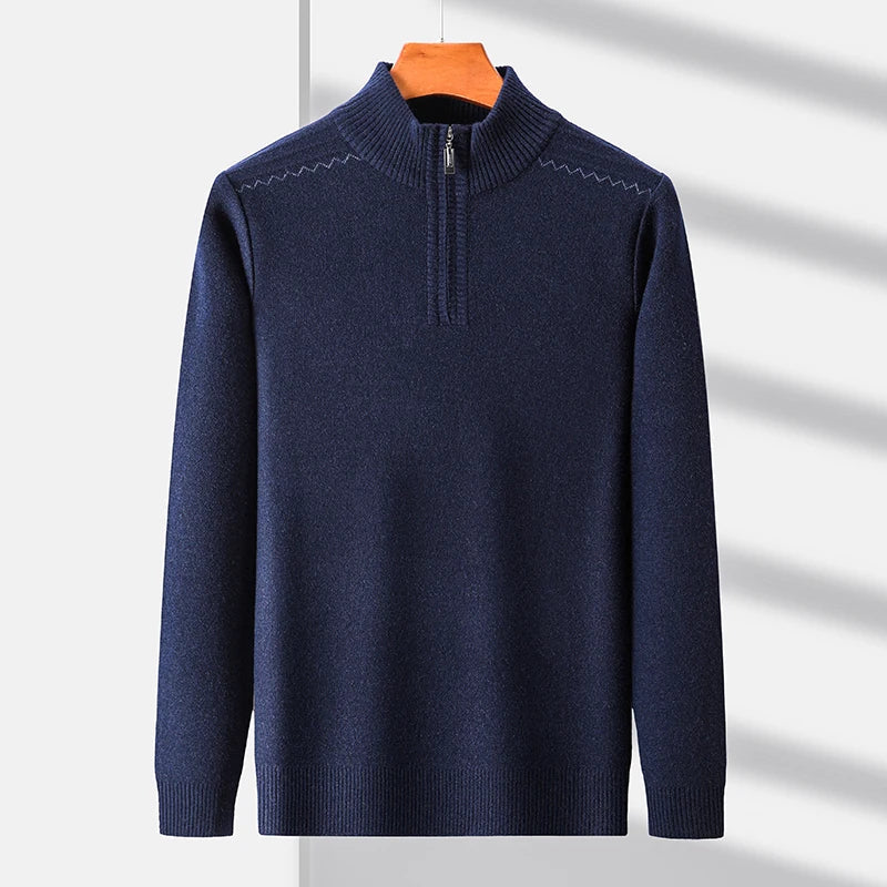 Navy blue men's wool blend quarter-zip sweater with ribbed collar and cuffs, displayed on orange hanger