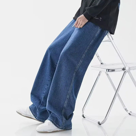 Wide-leg relaxed fit blue denim jeans for men with loose straight cut and comfortable baggy style